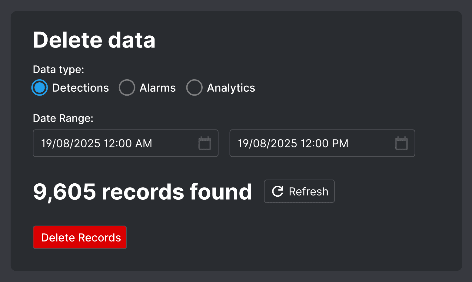 After: Clear title, readable record count, and dedicated red button for destructive action