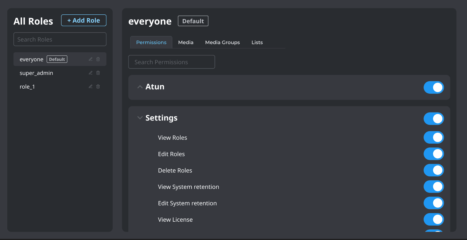 After: Sidebar navigation, grouped permissions, search, consistent toggles